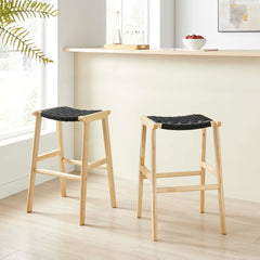 Saoirse Natural/Black Woven Rope Wood Bar Stool (Set of 2) - Ornate Home