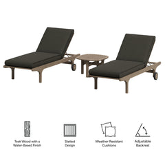 Saratoga Weathered Gray Flint Outdoor Patio Teak Wood 3-Piece Chaise Lounge Furniture Set - Ornate Home