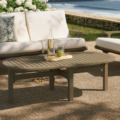 Saratoga Weathered Gray Oval Outdoor Patio Teak Wood Coffee Table - Ornate Home