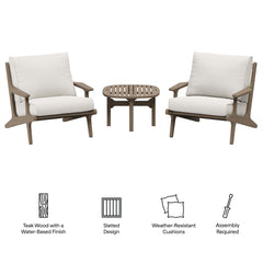 Saratoga Weathered Gray/White 3-Piece Outdoor Patio Teak Wood Furniture Set with Lounge Chairs and Side Table - Ornate Home