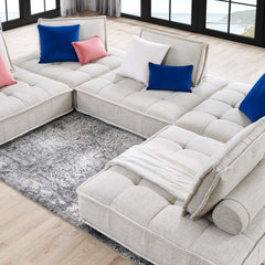 Saunter Beige 5-Piece Tufted Fabric Sectional Sofa - Ornate Home