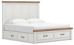 Savonport White/Brown King Panel Storage Bed w/ 2 Under Bed Storage - Ornate Home