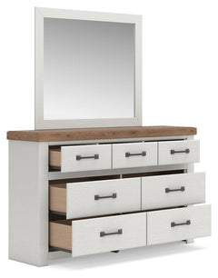 Savonport White/Brown Queen Panel Bed, Dresser and Mirror - Ornate Home
