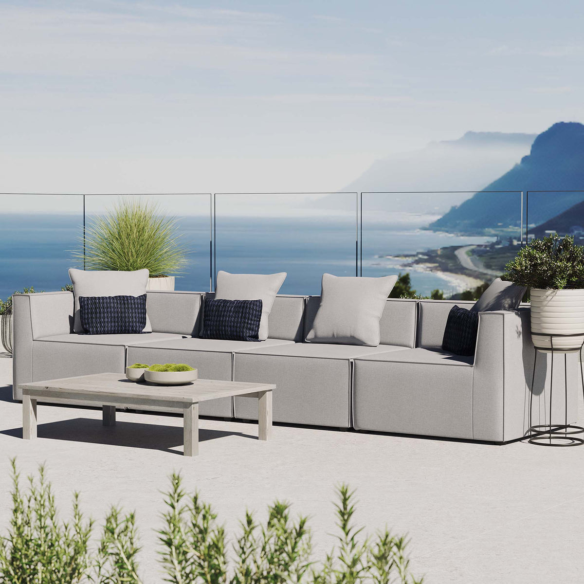 Saybrook Gray 4-Piece Outdoor Patio Upholstered Sectional Sofa - 34.5x138" - Ornate Home