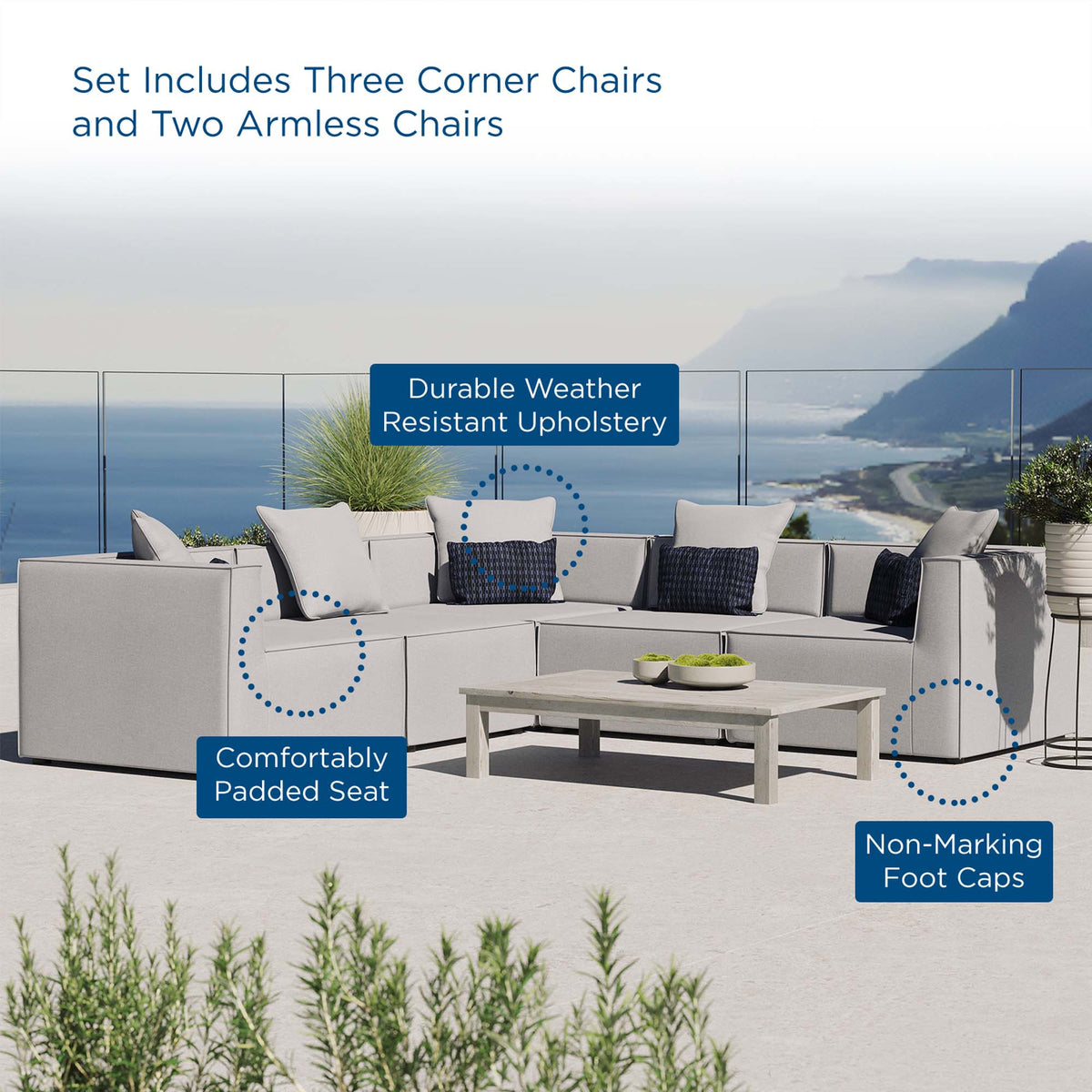 Saybrook Gray 5-Piece Outdoor Patio Upholstered Sectional Sofa - 103.5x103.5" - Ornate Home