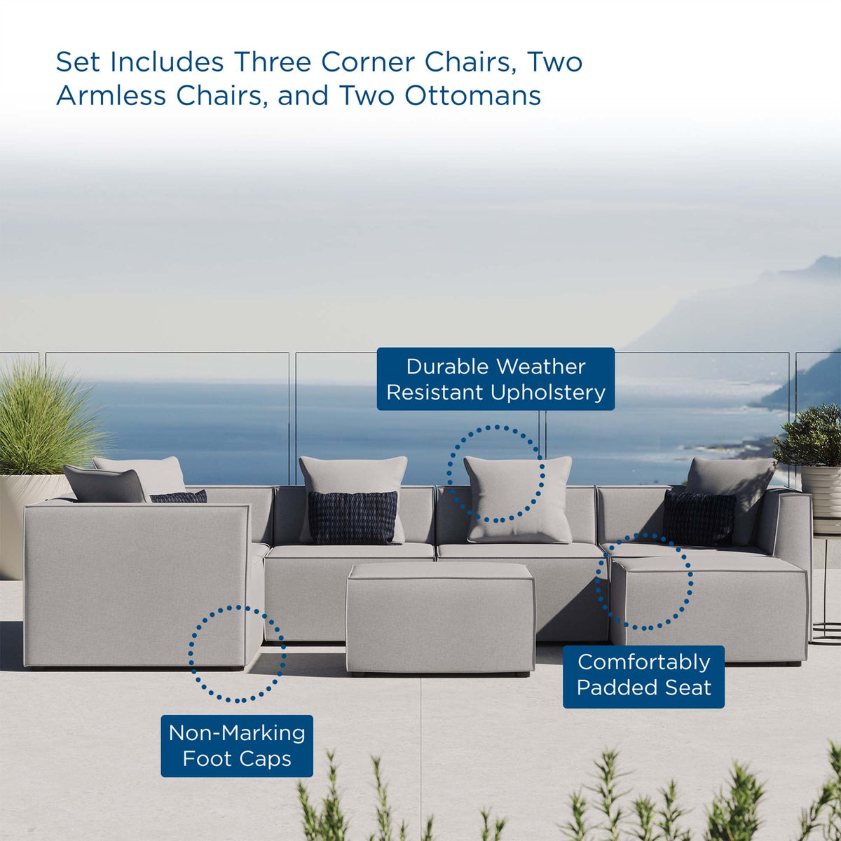 Saybrook Gray 7-Piece Outdoor Patio Upholstered Sectional Sofa - Ornate Home