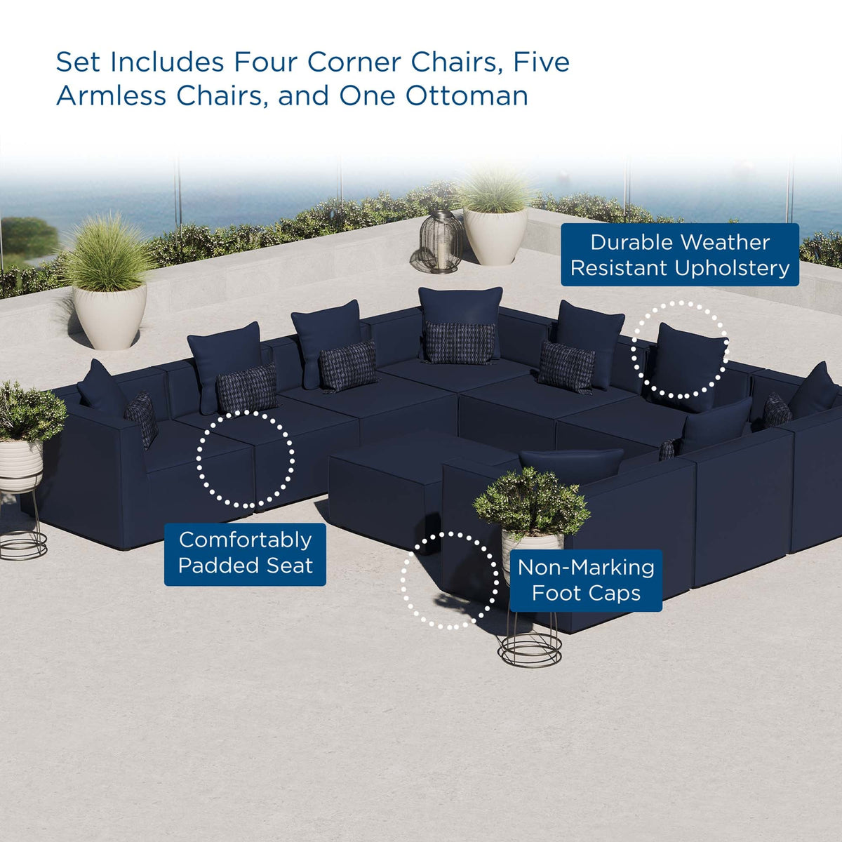 Saybrook Navy 10-Piece Outdoor Patio Upholstered Sectional Sofa - Ornate Home