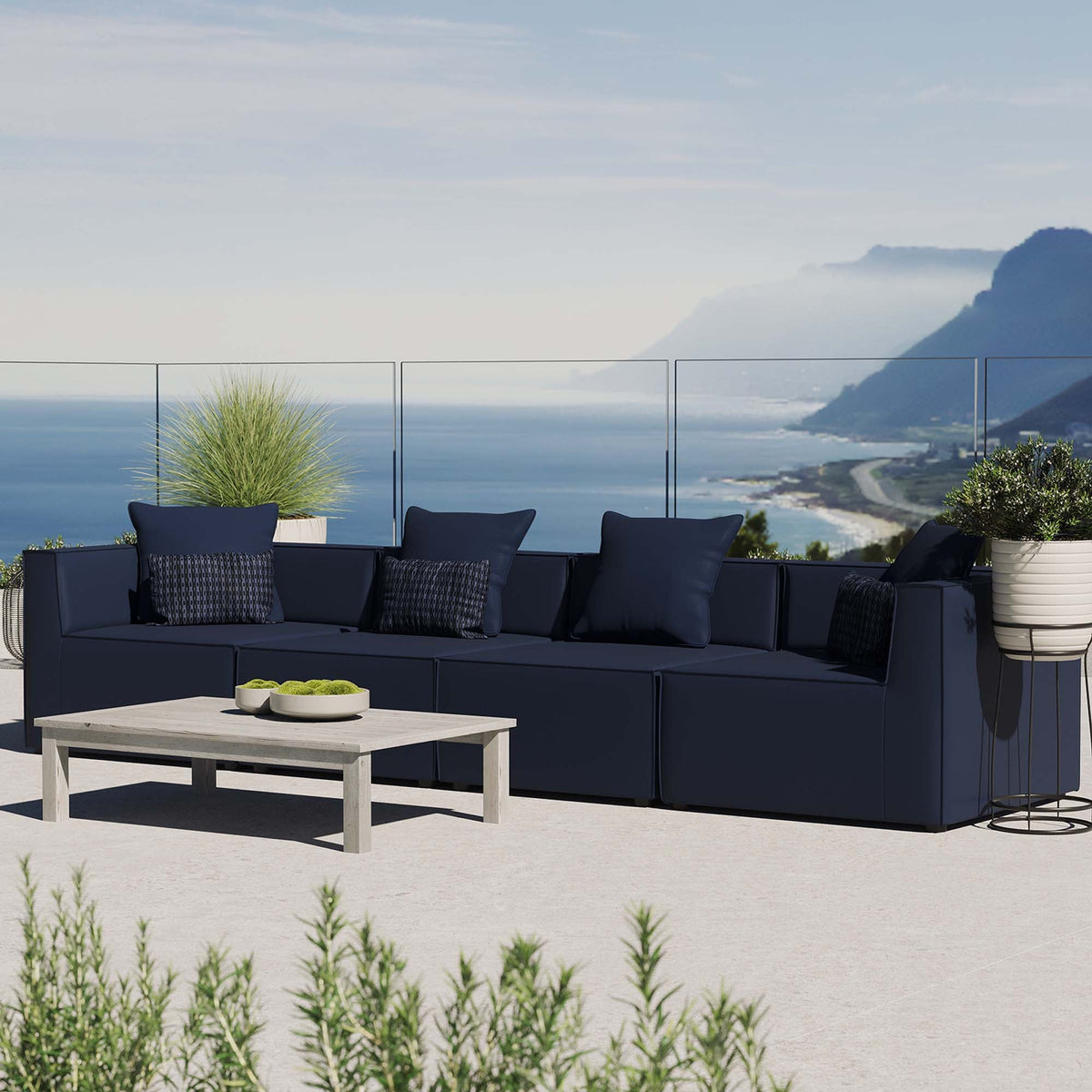 Saybrook Navy 4-Piece Outdoor Patio Upholstered Sectional Sofa - 34.5x138" - Ornate Home