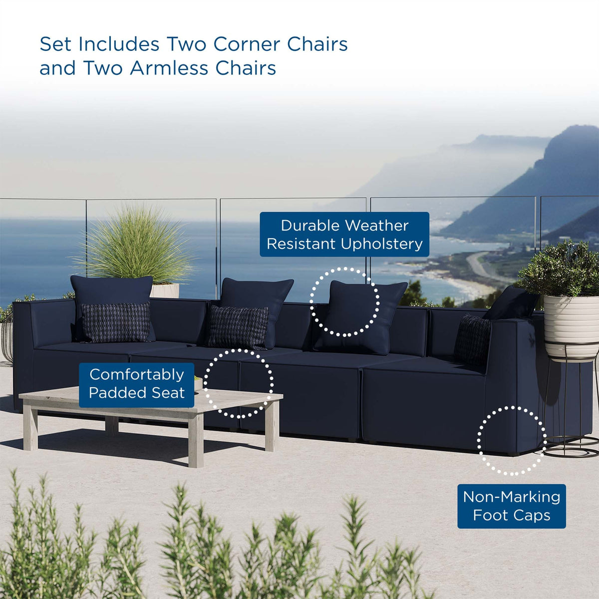 Saybrook Navy 4-Piece Outdoor Patio Upholstered Sectional Sofa - 34.5x138" - Ornate Home