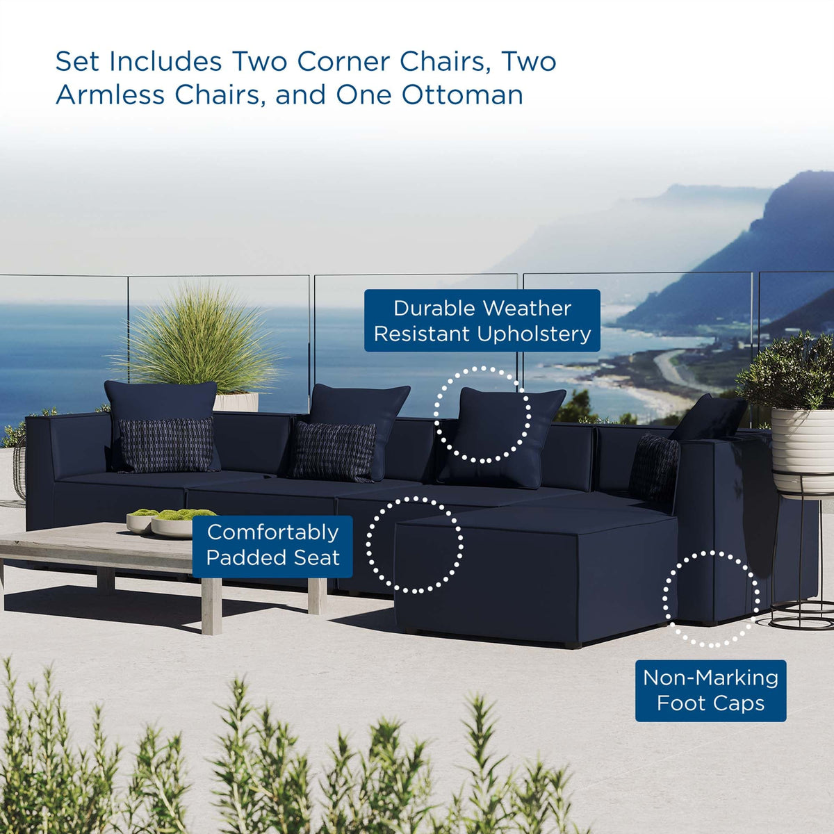 Saybrook Navy 5-Piece Outdoor Patio Upholstered Sectional Sofa - 64x138" - Ornate Home