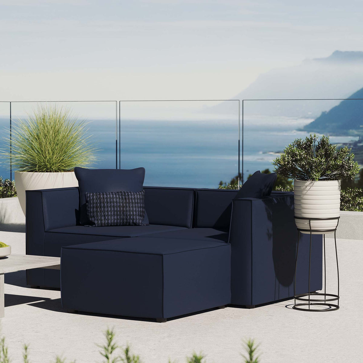 Saybrook Navy Outdoor Patio Upholstered Loveseat and Ottoman Set - Ornate Home