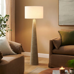 Saylor White/Gray Carved Ribbed Wood Floor Lamp With Drum Shade - Ornate Home