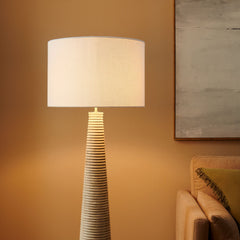 Saylor White/Gray Carved Ribbed Wood Floor Lamp With Drum Shade - Ornate Home