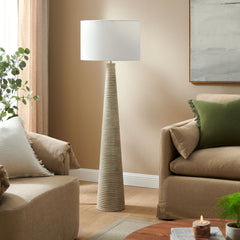 Saylor White/Gray Carved Ribbed Wood Floor Lamp With Drum Shade - Ornate Home