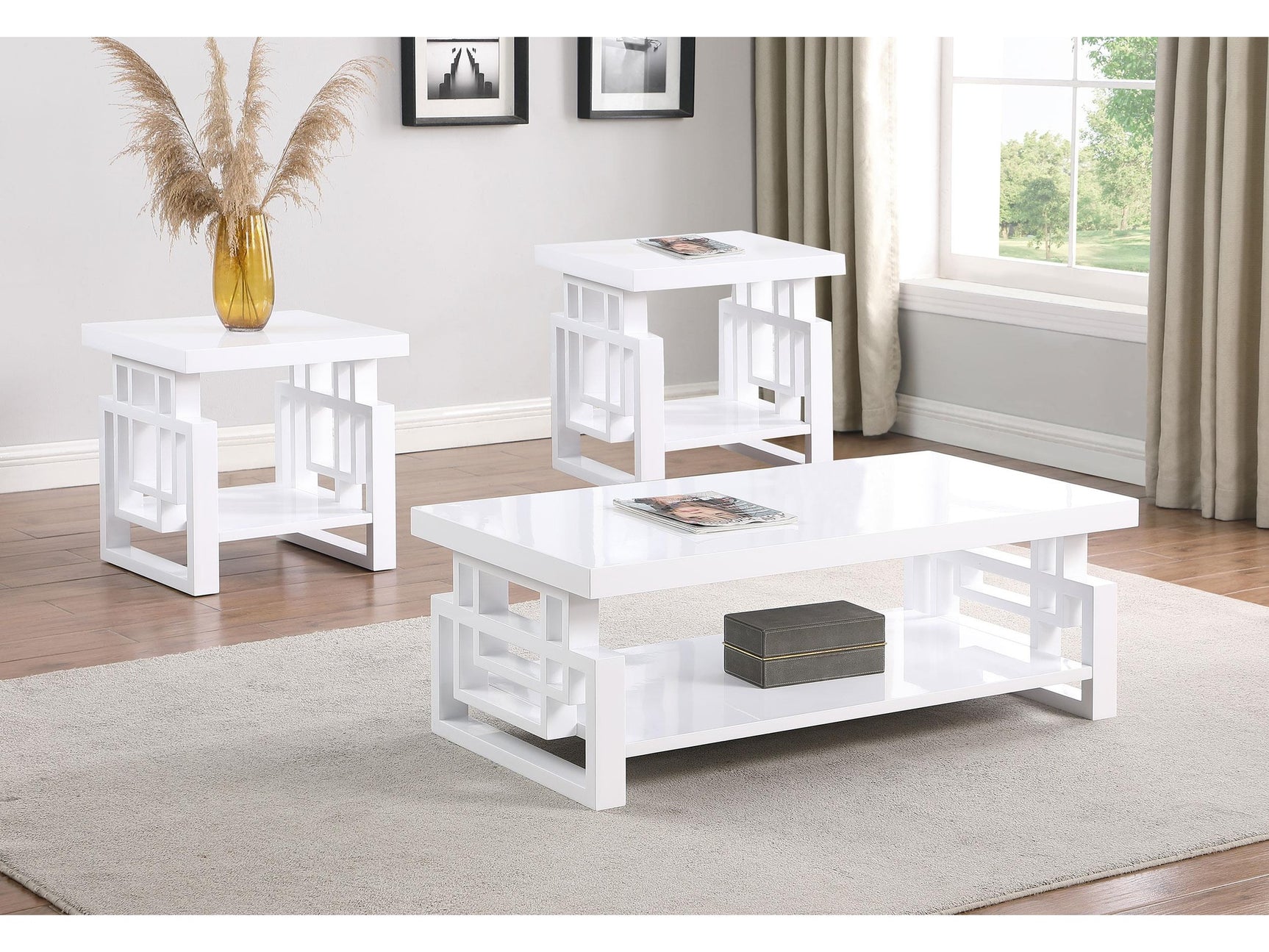 Schmitt White High Gloss 3-piece Coffee and End Table Set - Ornate Home