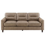 Scotland Brown Faux Leather Upholstered Track Arm Sofa - Ornate Home