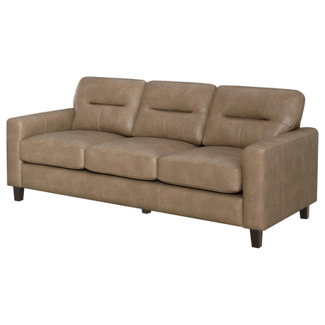 Scotland Brown Faux Leather Upholstered Track Arm Sofa - Ornate Home
