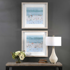 Sea Blue/White/Woodtone Glass Sandbar Framed Prints (Set of 2) - Ornate Home