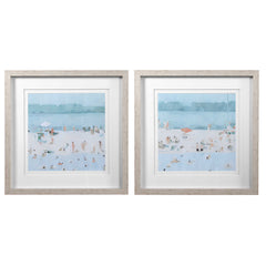 Sea Blue/White/Woodtone Glass Sandbar Framed Prints (Set of 2) - Ornate Home