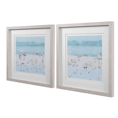 Sea Blue/White/Woodtone Glass Sandbar Framed Prints (Set of 2) - Ornate Home
