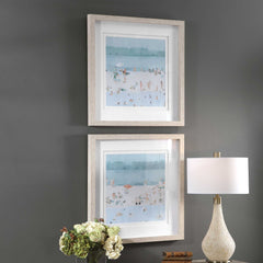 Sea Blue/White/Woodtone Glass Sandbar Framed Prints (Set of 2) - Ornate Home