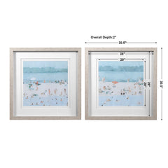 Sea Blue/White/Woodtone Glass Sandbar Framed Prints (Set of 2) - Ornate Home