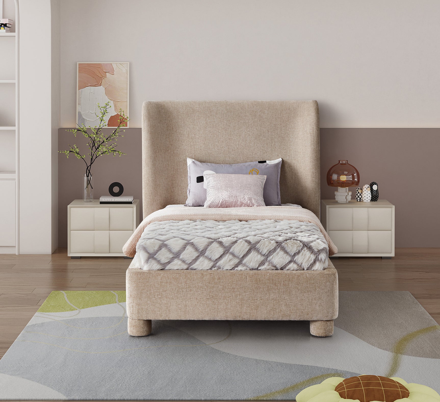 Seabreeze Beige Fabric Upholstered Twin Bed - Ornate Home