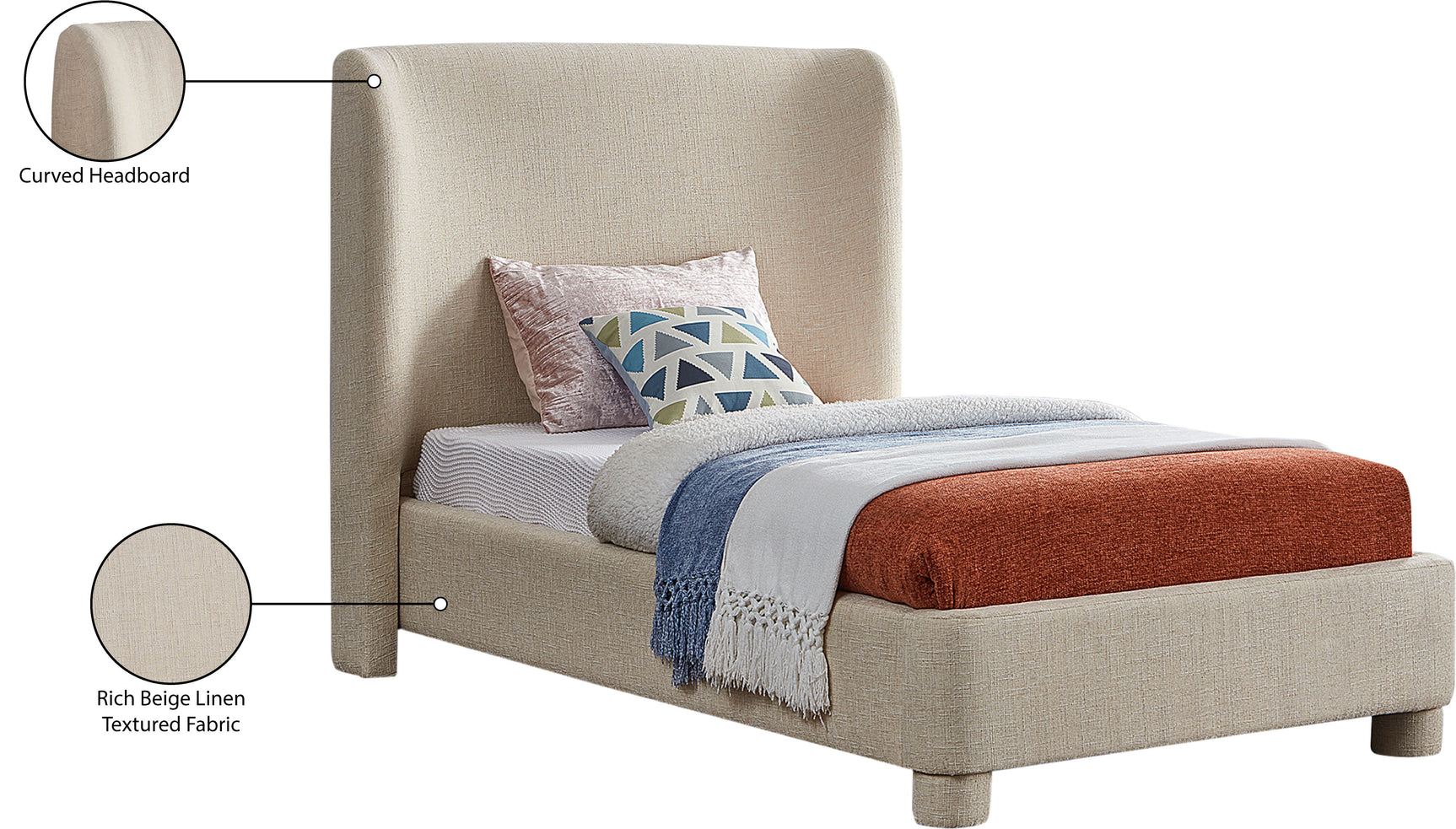 Seabreeze Beige Textured Fabric Upholstered Twin Bed - Ornate Home