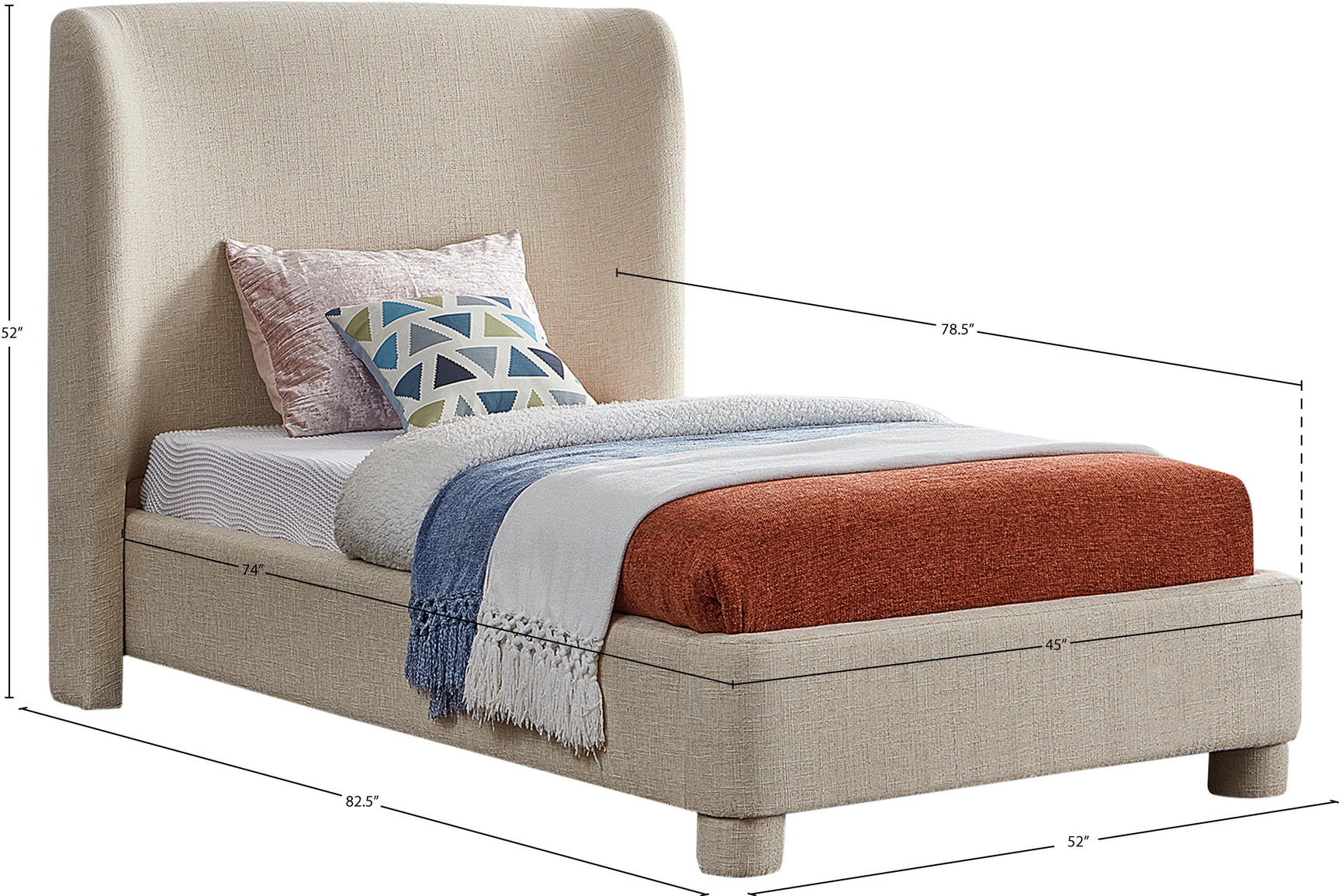 Seabreeze Beige Textured Fabric Upholstered Twin Bed - Ornate Home