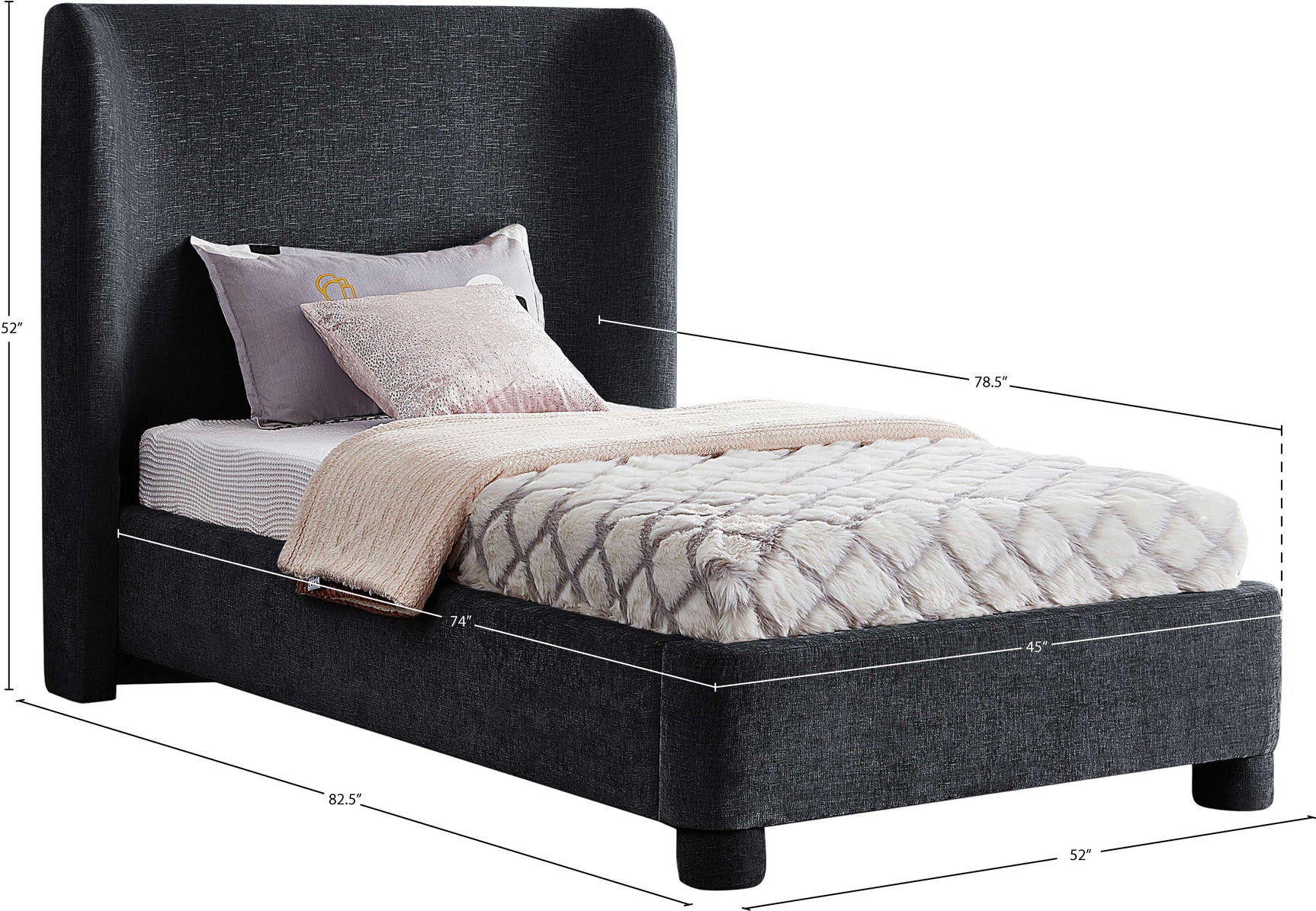 Seabreeze Black Chenille Fabric Upholstered Twin Bed - Ornate Home