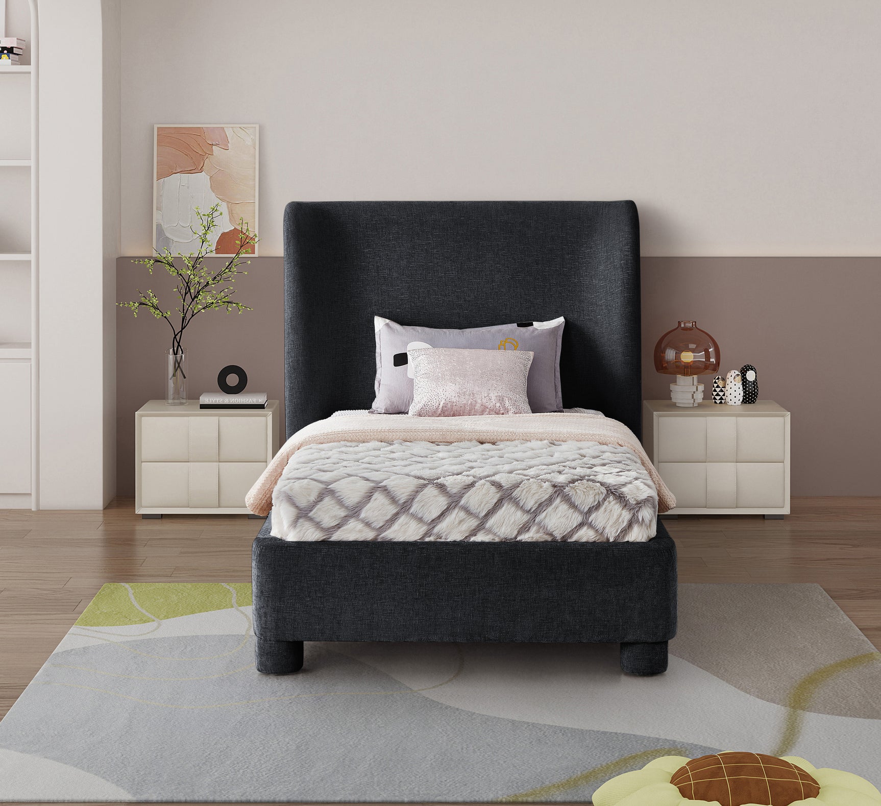 Seabreeze Black Chenille Fabric Upholstered Twin Bed - Ornate Home