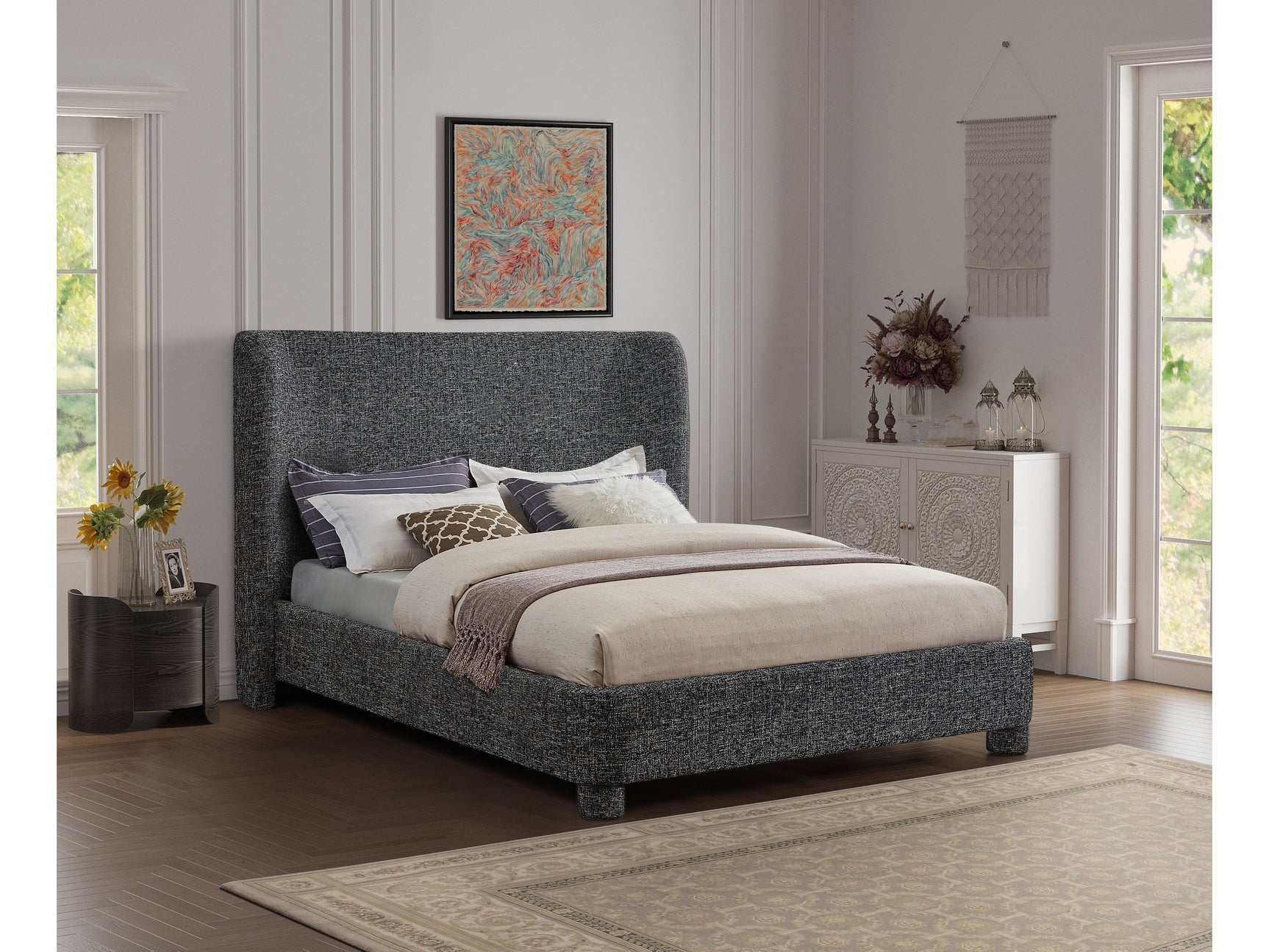Seabreeze Black Textured Fabric Upholstered Full Bed - Ornate Home