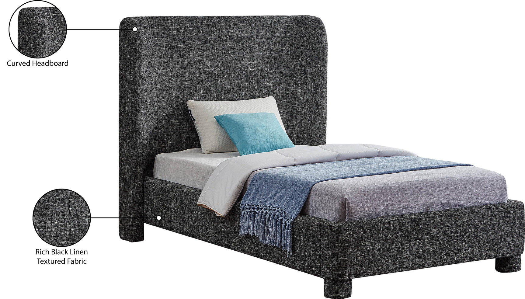 Seabreeze Black Textured Fabric Upholstered Twin Bed - Ornate Home