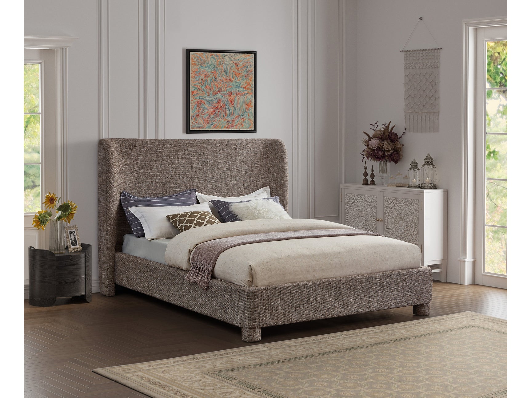 Seabreeze Brown Textured Fabric Upholstered Full Bed - Ornate Home