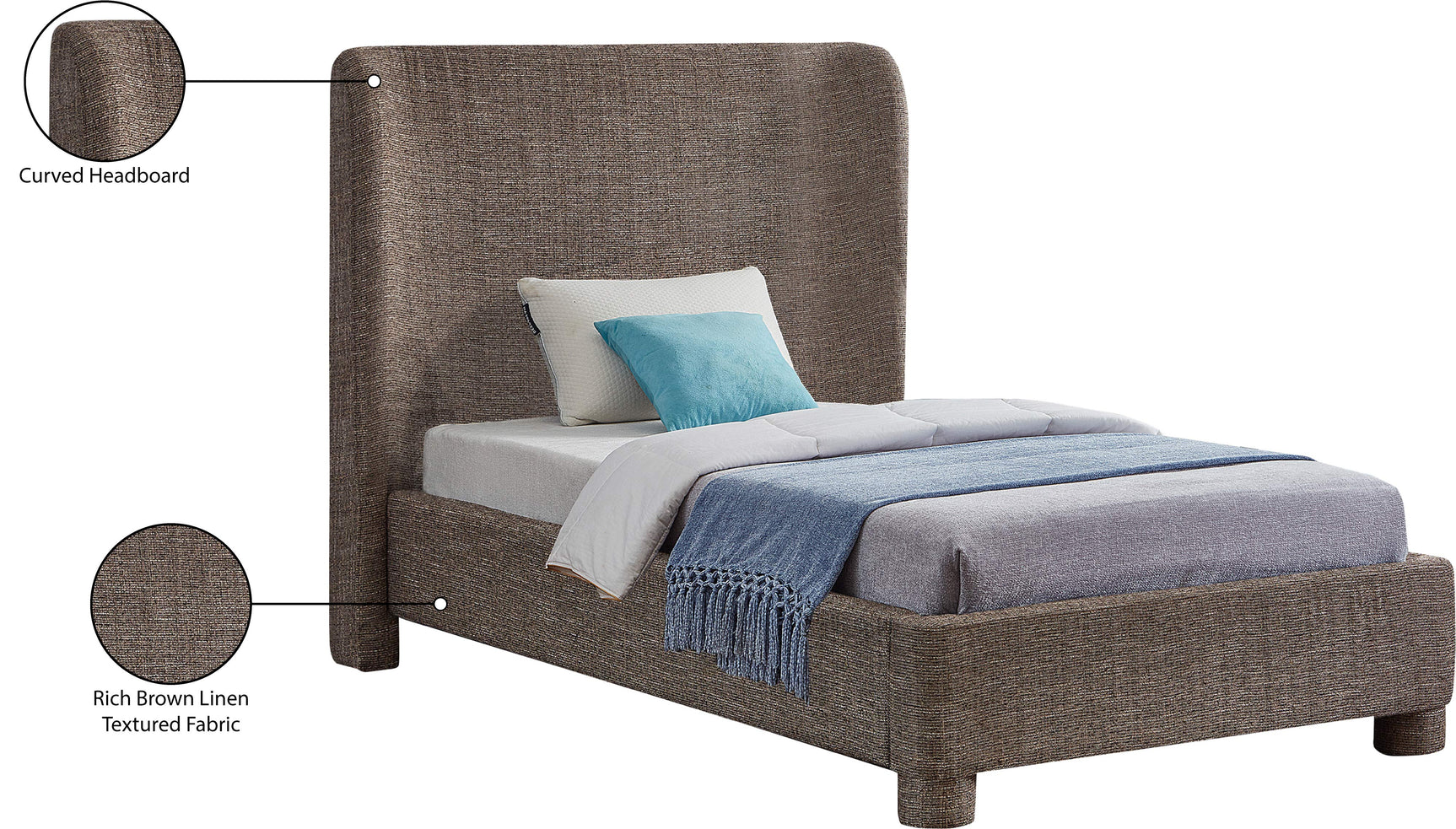 Seabreeze Brown Textured Fabric Upholstered Twin Bed - Ornate Home