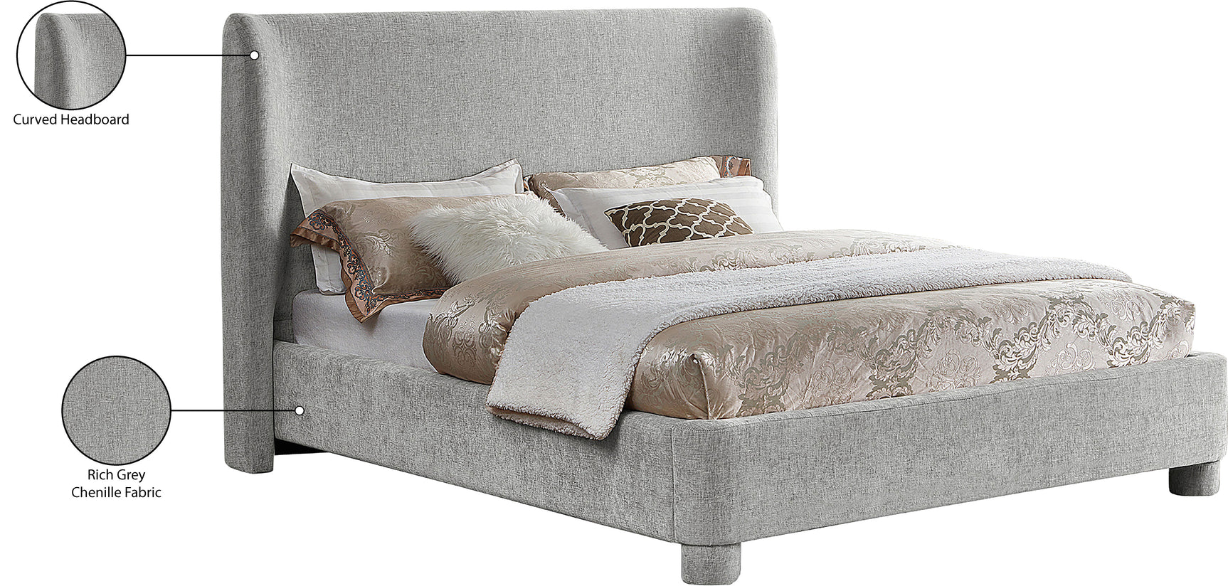 Seabreeze Grey Chenille Fabric Upholstered Queen Bed - Ornate Home