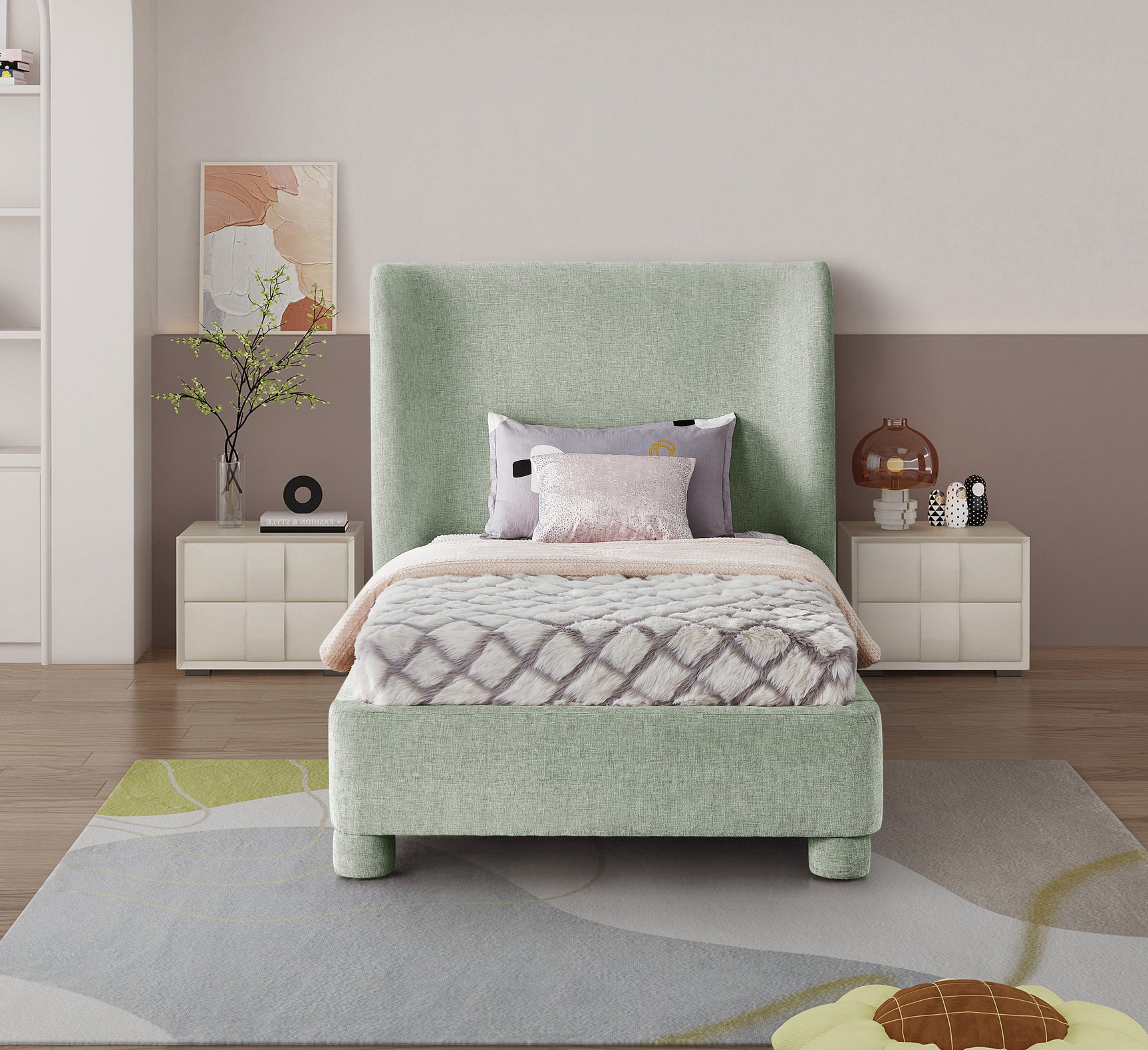 Seabreeze Mint Green Mint Chenille Fabric Upholstered Twin Bed - Ornate Home