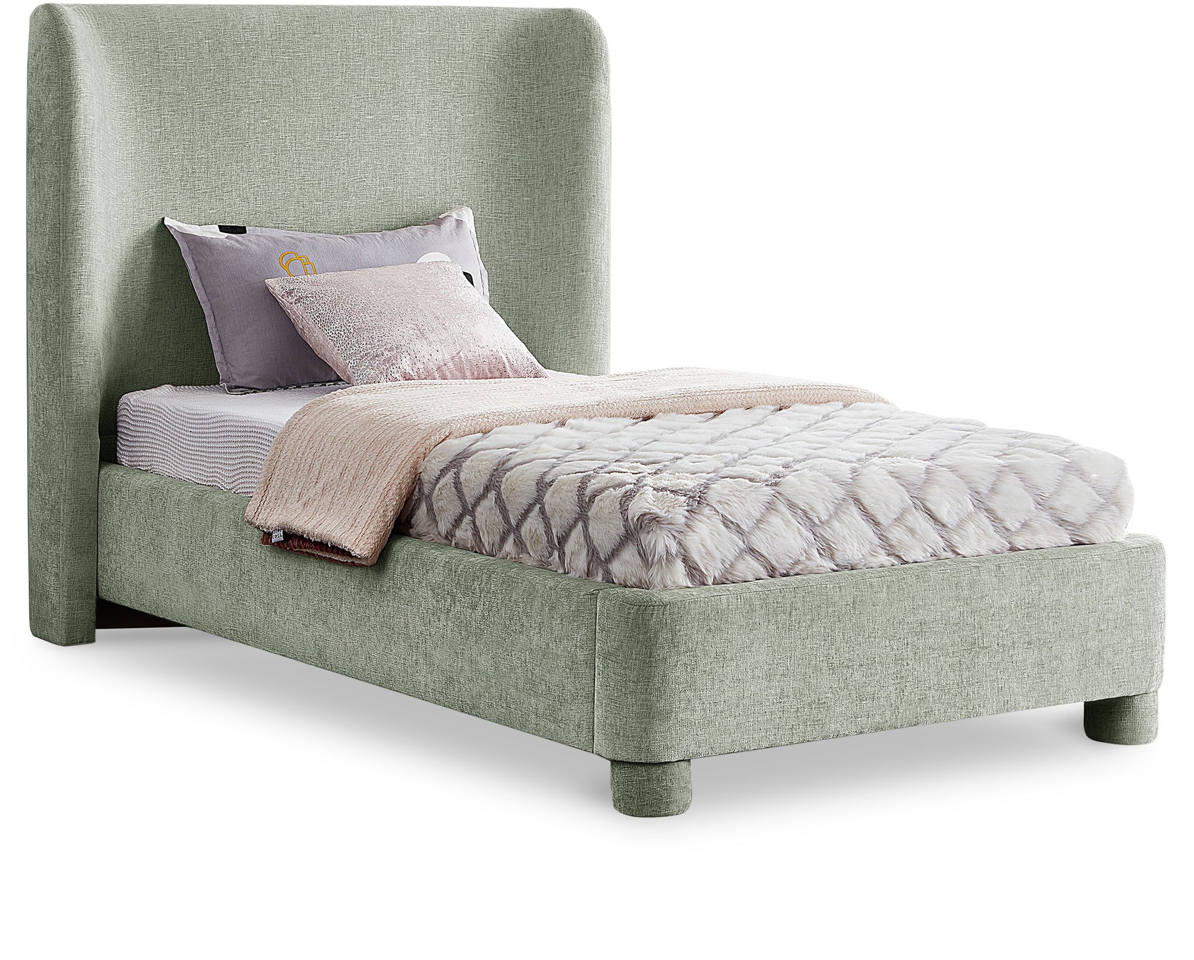 Seabreeze Mint Green Mint Chenille Fabric Upholstered Twin Bed - Ornate Home