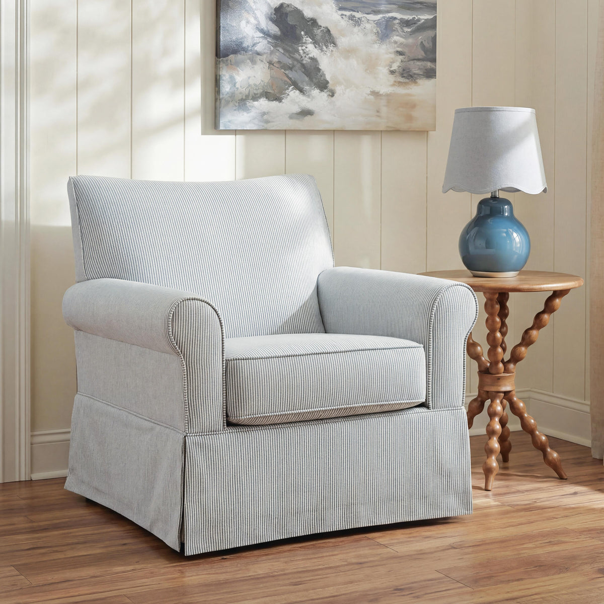 Searcy White/Navy Swivel Glider Accent Chair - Ornate Home