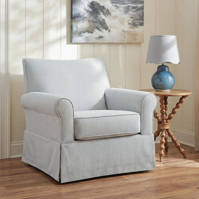 Searcy White/Navy Swivel Glider Accent Chair - Ornate Home