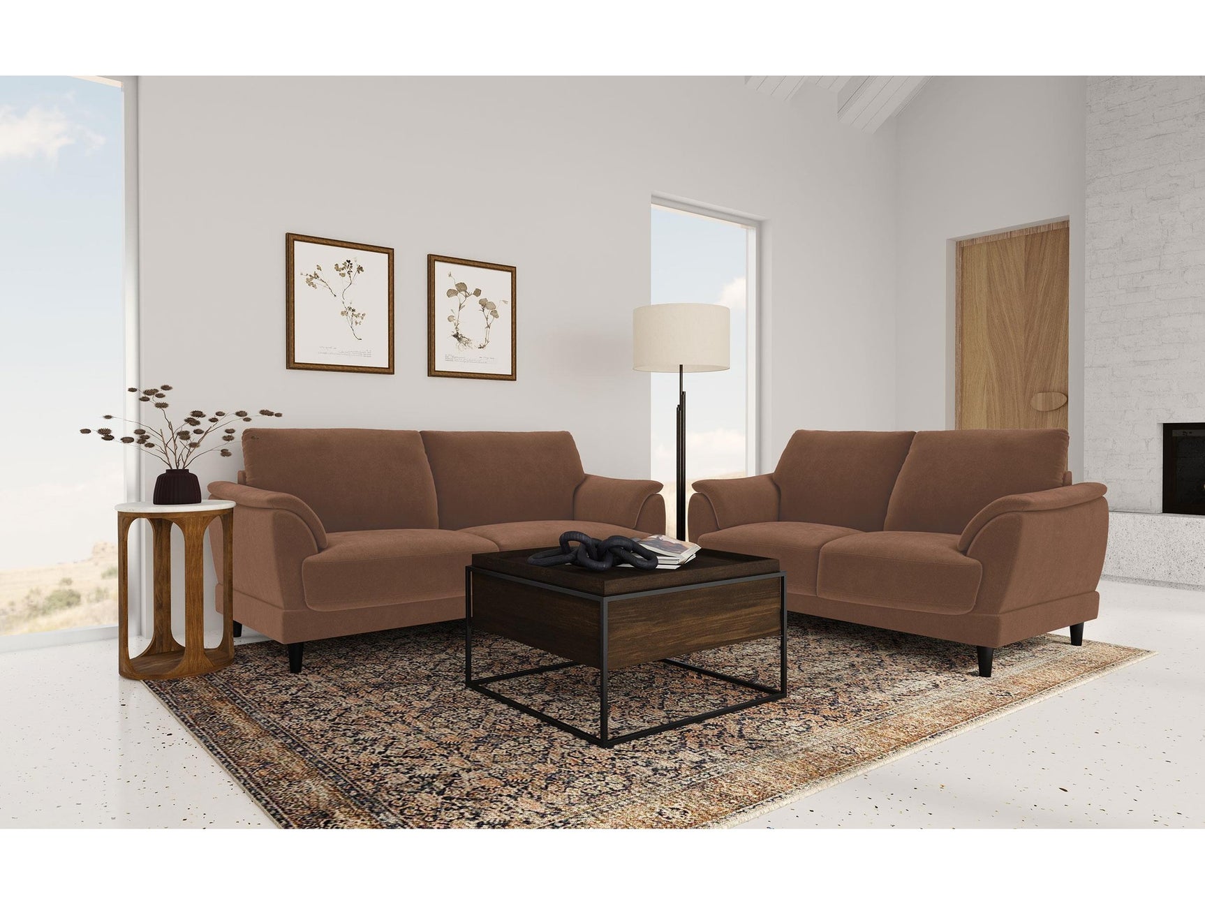 Selma Rust 2-piece Velvet Upholstered Crescent Arm Sofa Set - Ornate Home