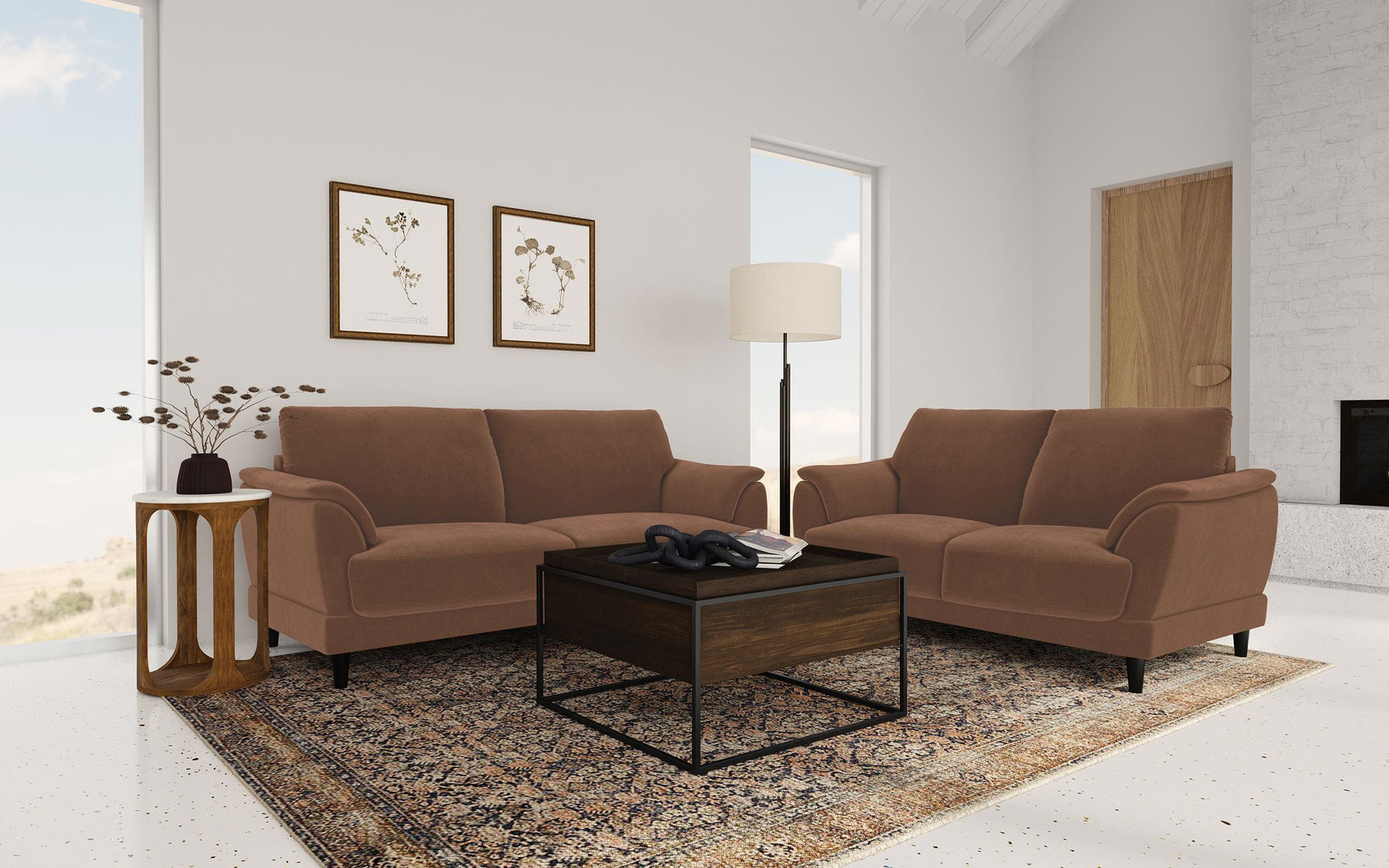 Selma Rust Velvet Upholstered Crescent Arm Sofa - Ornate Home