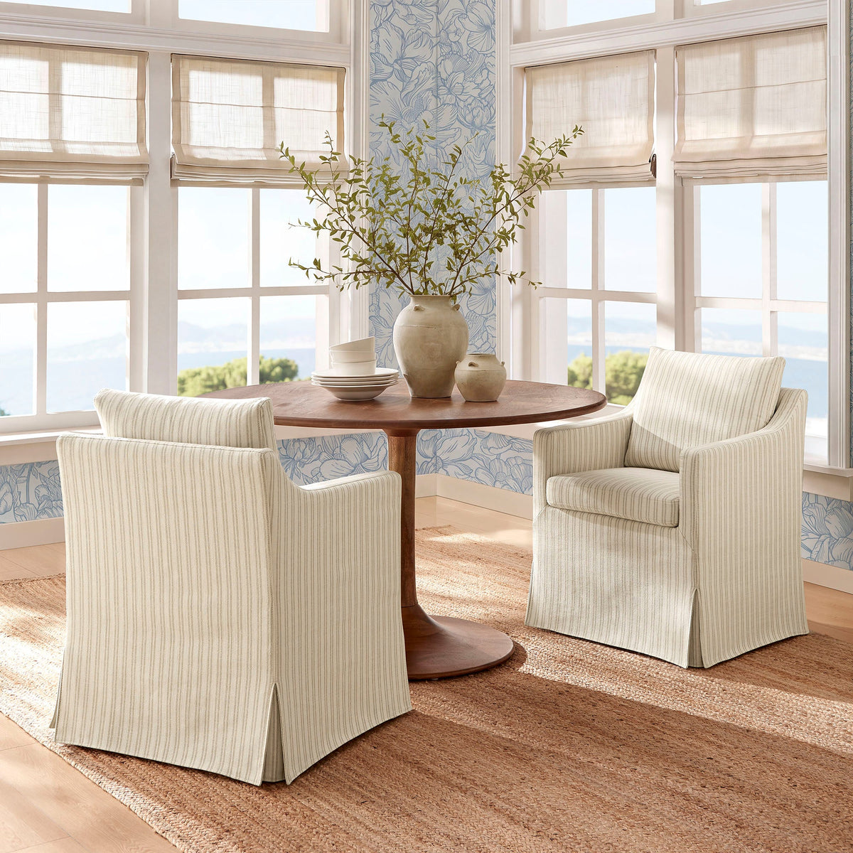 Serene Oatmeal Stripe Slipcovered Striped Fabric Dining Armchair - Ornate Home