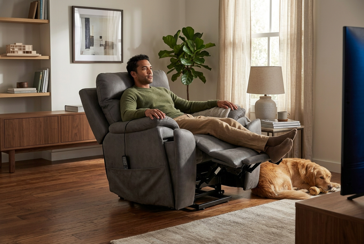 Serenity Slate Grey Ultra Infinite Position Lift Chair with Power Headrest, Heat, Massage & Wireless Charging - Ornate Home