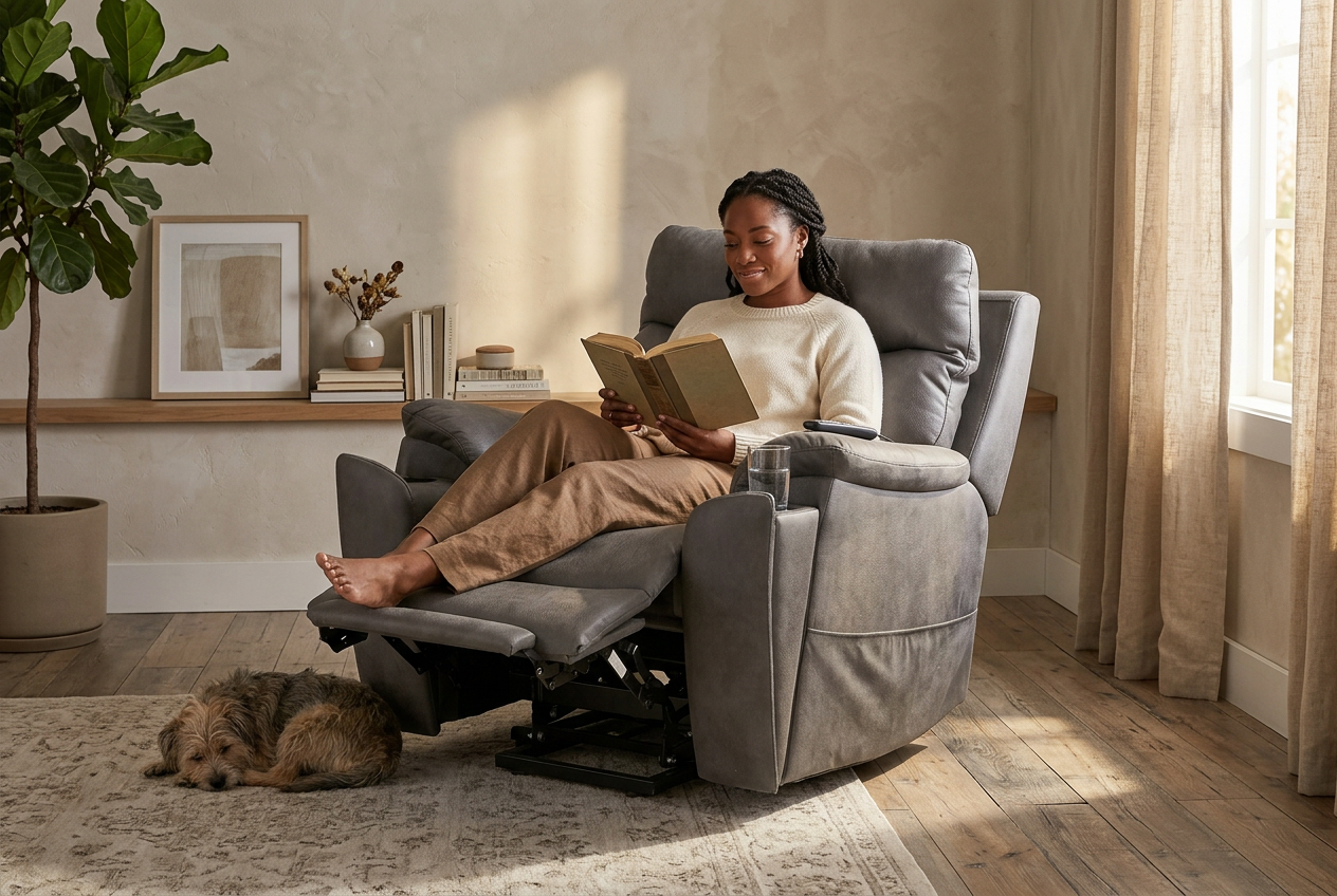 Serenity Slate Grey Ultra Infinite Position Lift Chair with Power Headrest, Heat, Massage & Wireless Charging - Ornate Home