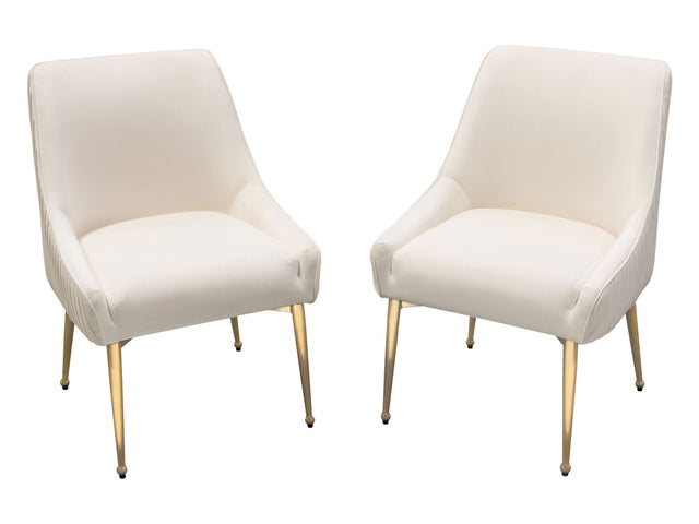 Set of (2) Quinn Dining Chairs w/ Vertical Outside Pleat Detail and Contoured Arm in Cream Velvet w/ Brushed Gold Metal Leg by Diamond Sofa - Ornate Home