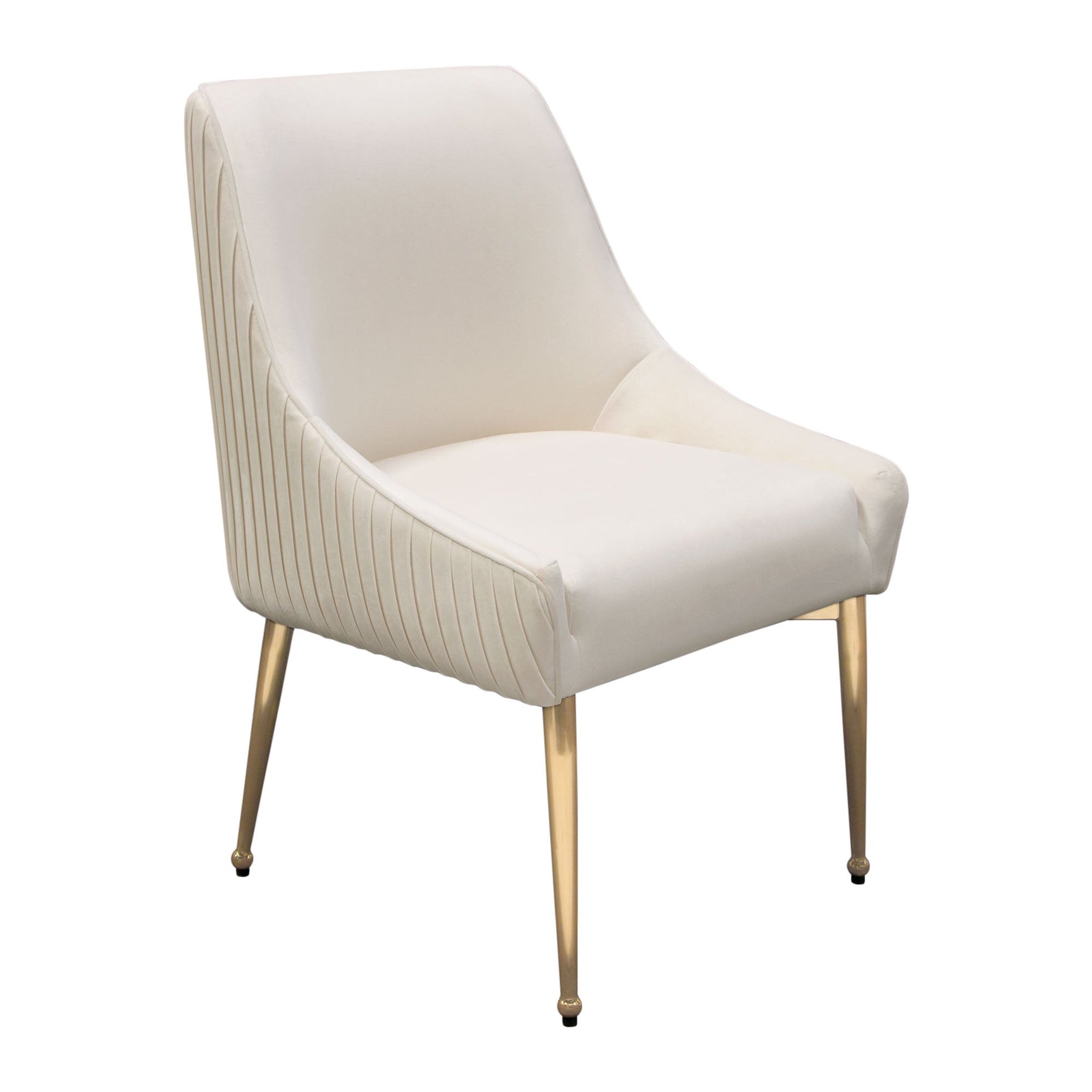 Set of (2) Quinn Dining Chairs w/ Vertical Outside Pleat Detail and Contoured Arm in Cream Velvet w/ Brushed Gold Metal Leg by Diamond Sofa - Ornate Home