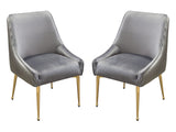 Set of (2) Quinn Dining Chairs w/ Vertical Outside Pleat Detail and Contoured Arm in Grey Velvet w/ Brushed Gold Metal Leg by Diamond Sofa - Ornate Home