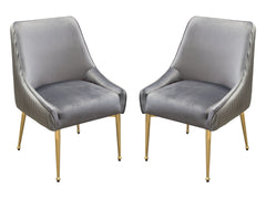 Set of (2) Quinn Dining Chairs w/ Vertical Outside Pleat Detail and Contoured Arm in Grey Velvet w/ Brushed Gold Metal Leg by Diamond Sofa - Ornate Home