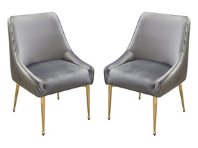 Set of (2) Quinn Dining Chairs w/ Vertical Outside Pleat Detail and Contoured Arm in Grey Velvet w/ Brushed Gold Metal Leg by Diamond Sofa - Ornate Home